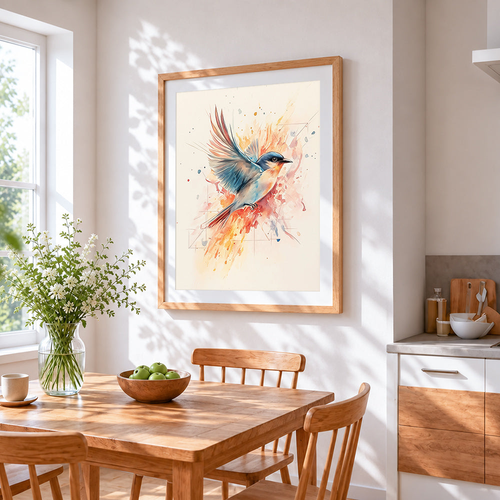 Watercolour bluebird in flight cross stitch artwork displayed on wall as home decor