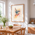 Watercolour bluebird in flight cross stitch artwork displayed on wall as home decor