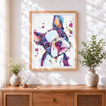 Finished watercolour boston terrier cross stitch artwork displayed