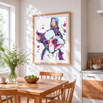 Watercolour boston terrier cross stitch artwork displayed on wall as home decor