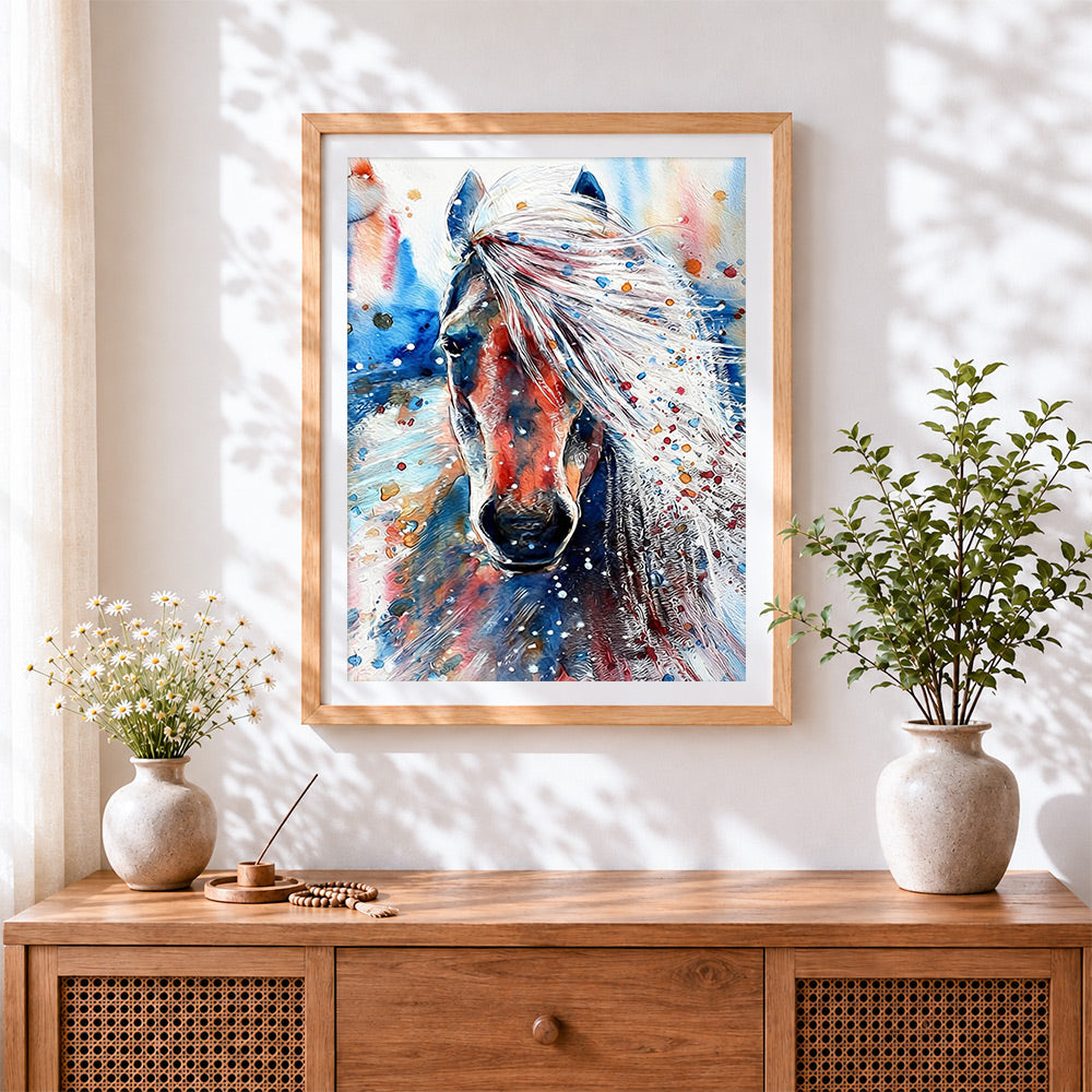Finished watercolour brown horse cross stitch artwork displayed