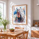 Watercolour brown horse cross stitch artwork displayed on wall as home decor