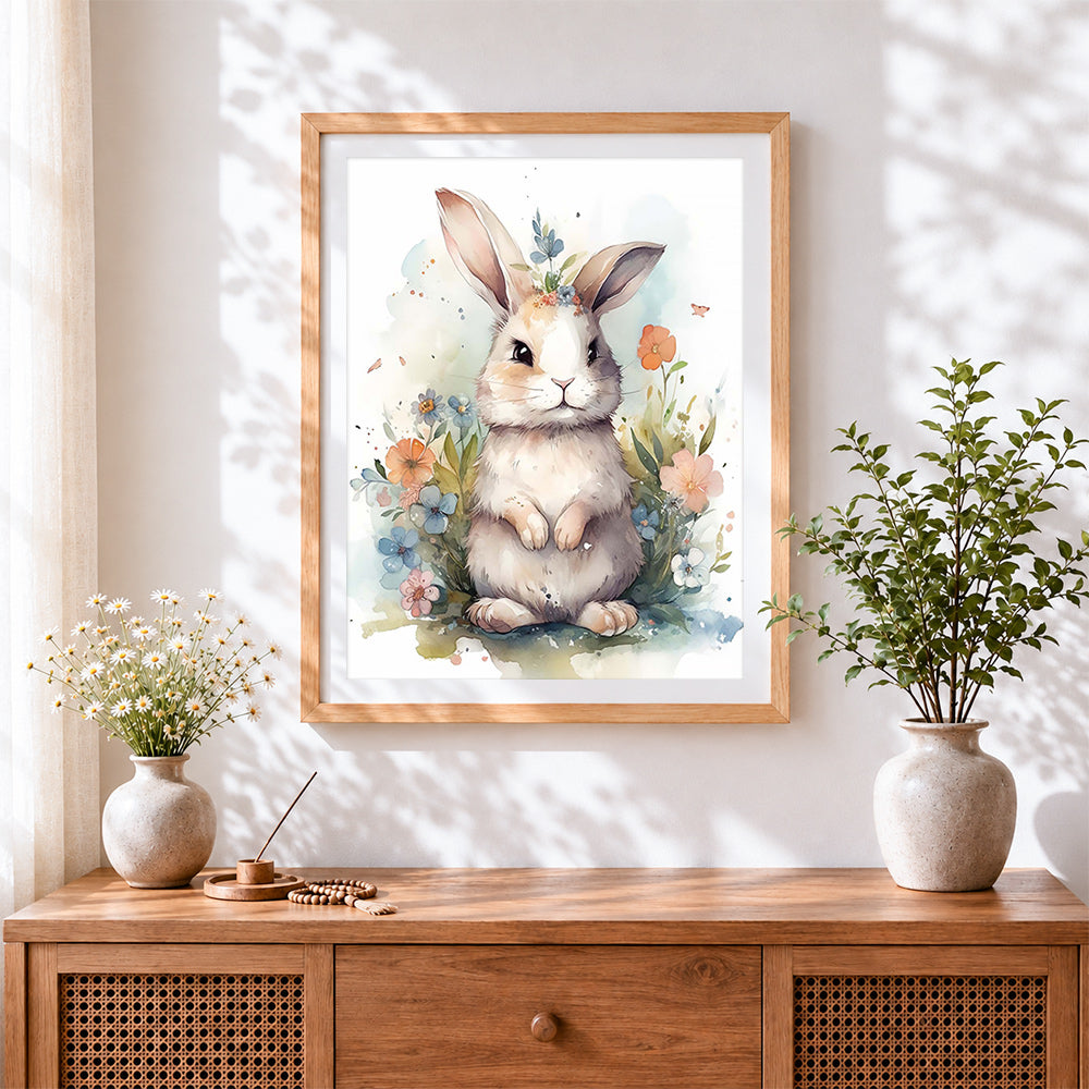 Finished watercolour bunny with flowers cross stitch artwork displayed