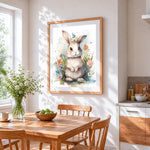 Watercolour bunny with flowers cross stitch artwork displayed on wall as home decor