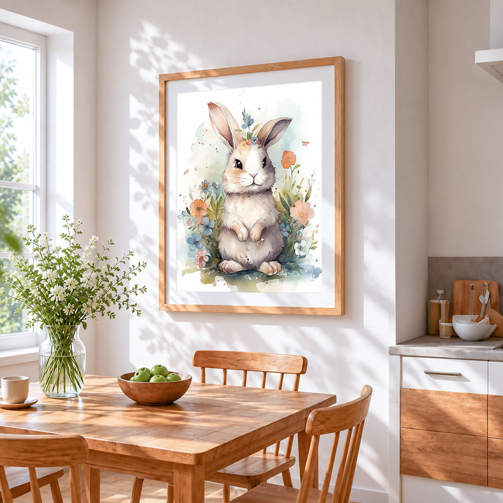 Watercolour bunny with flowers cross stitch artwork displayed on wall as home decor