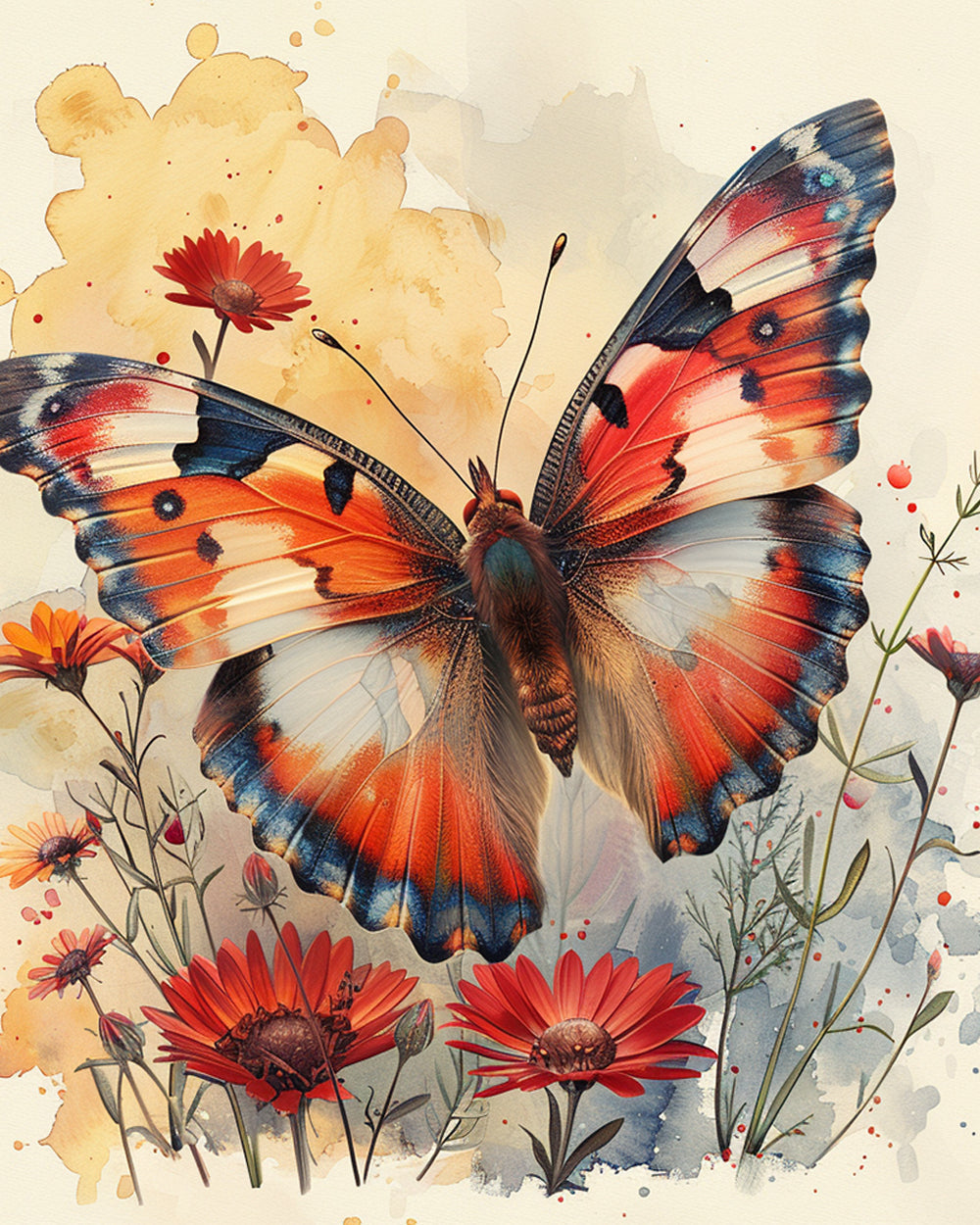 Watercolour butterfly and red daisies cross stitch kit for beginners