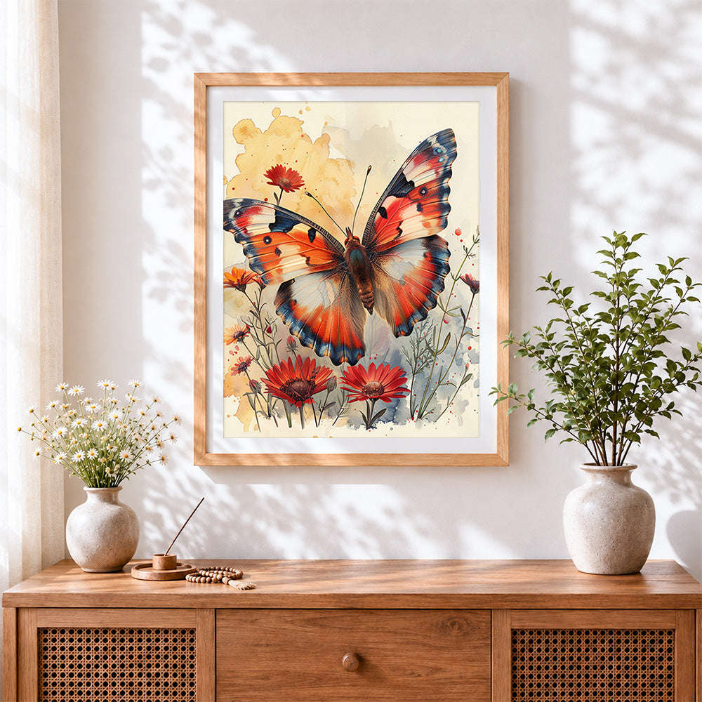Finished watercolour butterfly and red daisies paint by numbers artwork displayed as home decor