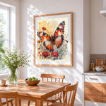 Watercolour butterfly and red daisies paint by numbers artwork displayed on wall as home decor
