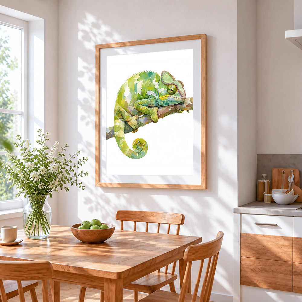 Watercolour chameleon cross stitch artwork displayed on wall as home decor