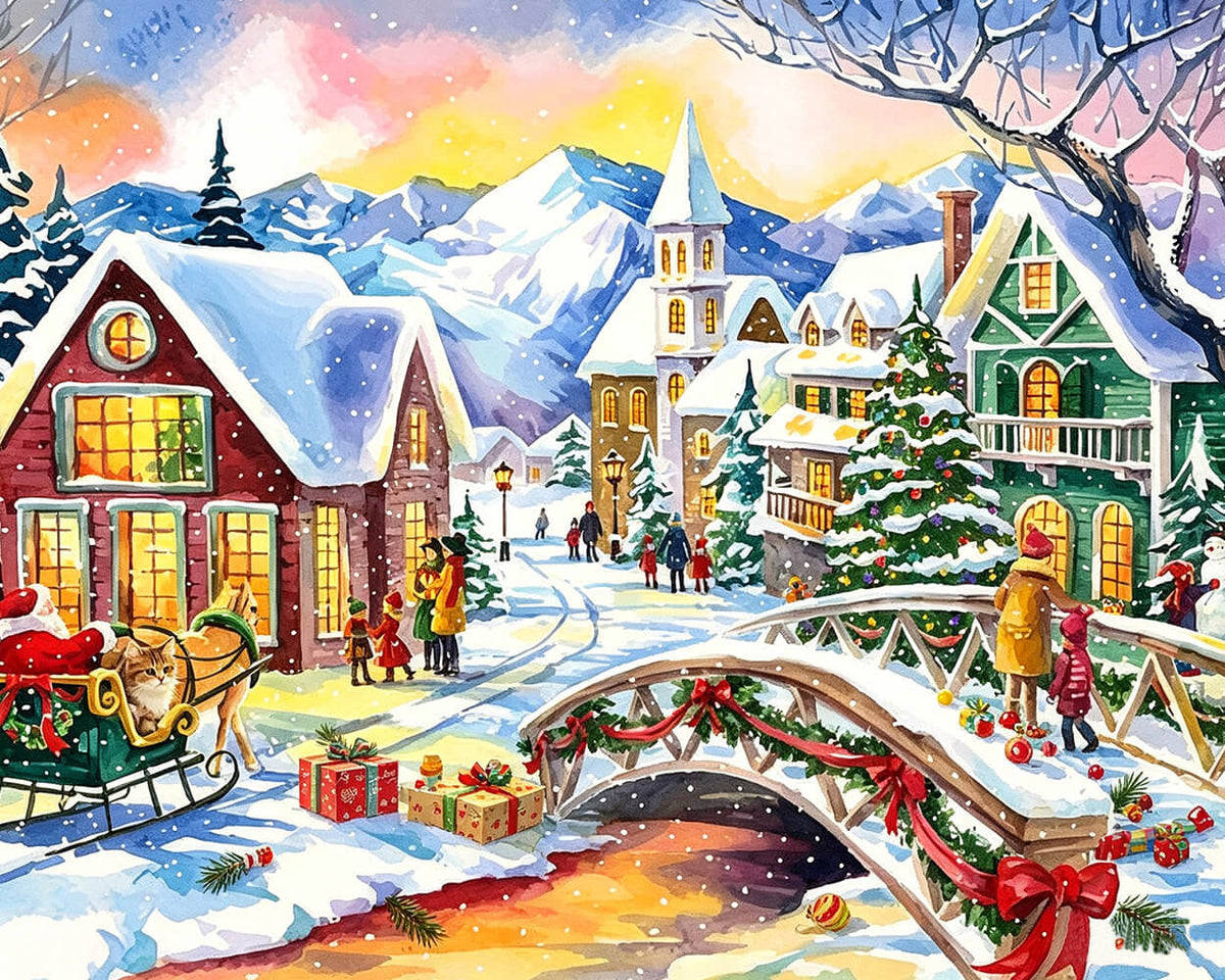 Watercolour christmas village with bridge cross stitch kit for beginners