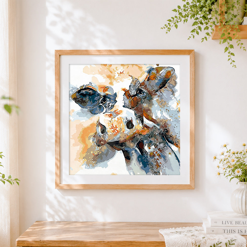 Finished watercolour cow cross stitch artwork displayed