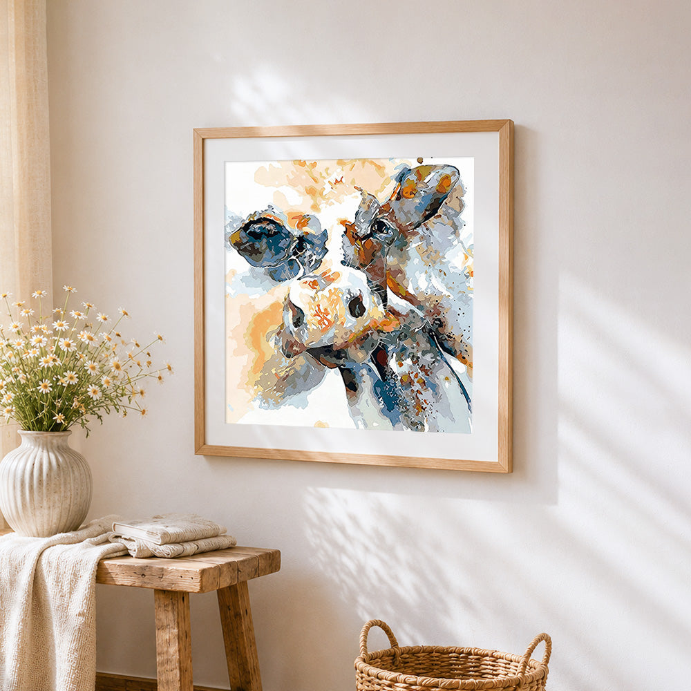 Watercolour cow cross stitch artwork displayed on wall as home decor
