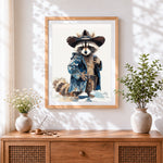 Finished watercolour cowboy raccoon paint by numbers artwork displayed as home decor