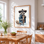 Watercolour cowboy raccoon paint by numbers artwork displayed on wall as home decor