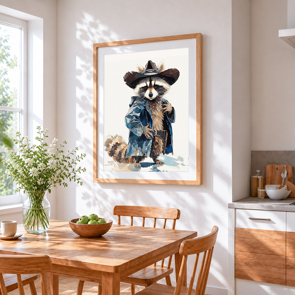 Watercolour cowboy raccoon paint by numbers artwork displayed on wall as home decor