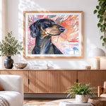 Finished watercolour dachshund cross stitch artwork displayed