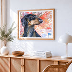Watercolour dachshund cross stitch artwork displayed on wall as home decor