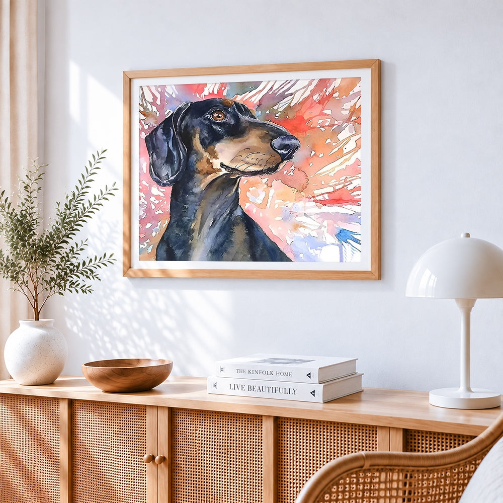 Watercolour dachshund cross stitch artwork displayed on wall as home decor