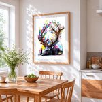 Watercolour deer with floral antlers cross stitch artwork displayed on wall as home decor
