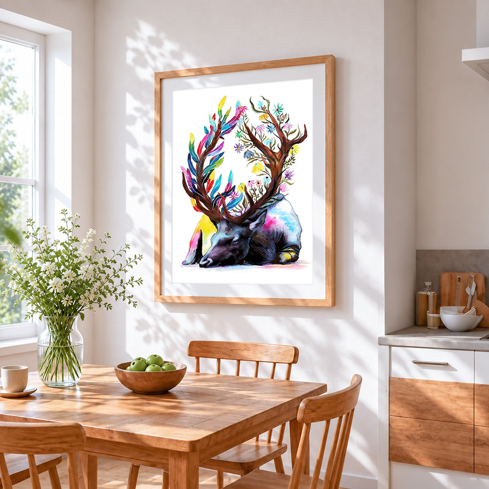 Watercolour deer with floral antlers cross stitch artwork displayed on wall as home decor