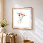 Watercolour deer with flower crown cross stitch artwork displayed on wall as home decor