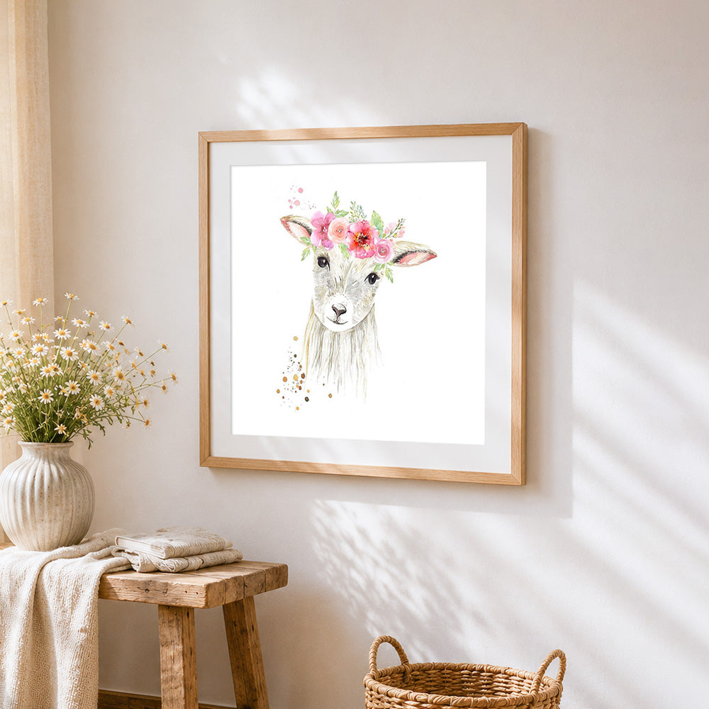 Watercolour deer with flower crown cross stitch artwork displayed on wall as home decor