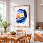 Watercolour dolphin and ocean wave cross stitch artwork displayed on wall as home decor