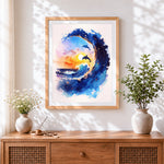 Finished watercolour dolphin and ocean wave paint by numbers artwork displayed as home decor
