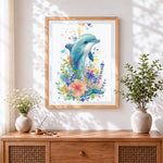 Finished watercolour dolphin with hibiscus cross stitch artwork displayed