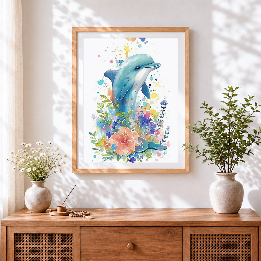 Finished watercolour dolphin with hibiscus cross stitch artwork displayed