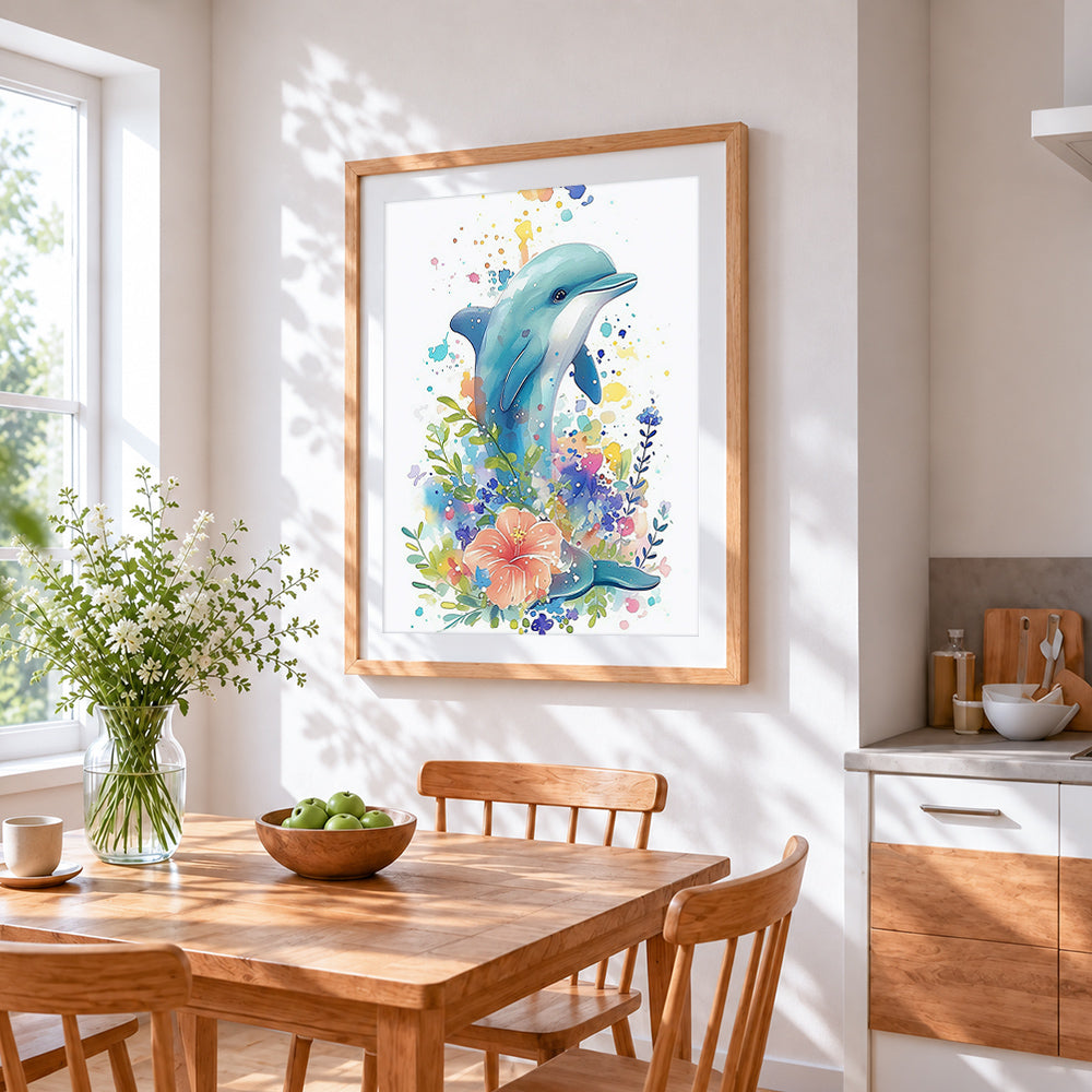 Watercolour dolphin with hibiscus cross stitch artwork displayed on wall as home decor