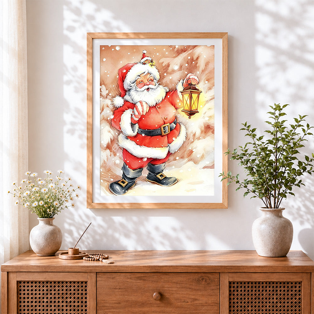 Finished watercolour father christmas with lantern cross stitch artwork displayed