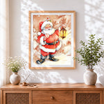 Finished watercolour father christmas with lantern cross stitch artwork displayed