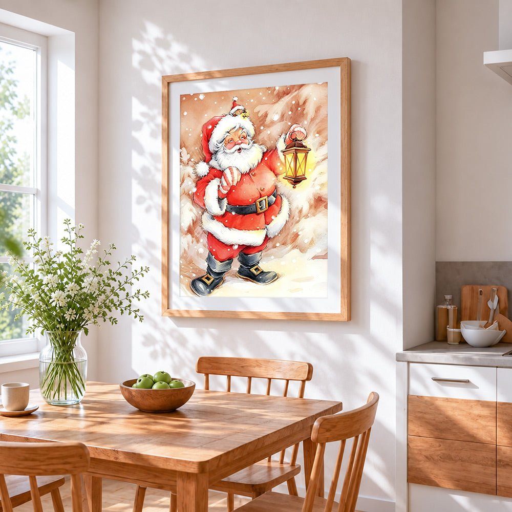Watercolour father christmas with lantern cross stitch artwork displayed on wall as home decor
