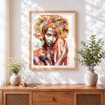 Finished watercolour floral afro woman cross stitch artwork displayed