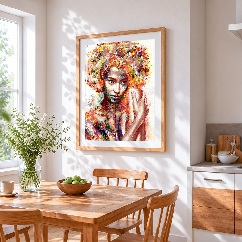 Watercolour floral afro woman cross stitch artwork displayed on wall as home decor