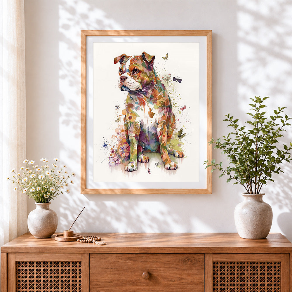 Finished watercolour floral bulldog and butterflies paint by numbers artwork displayed as home decor