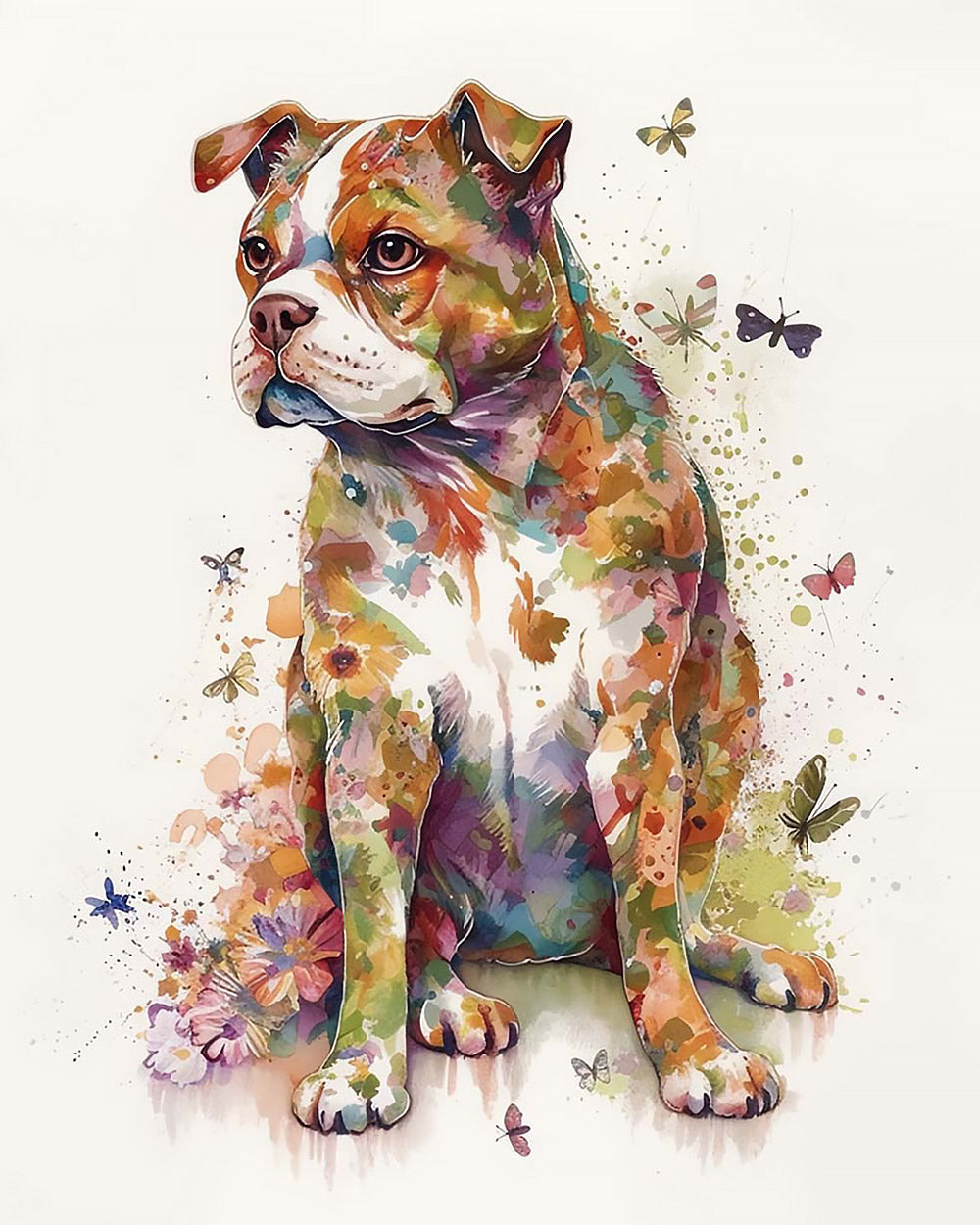 Watercolour floral bulldog and butterflies paint by numbers kit for beginners