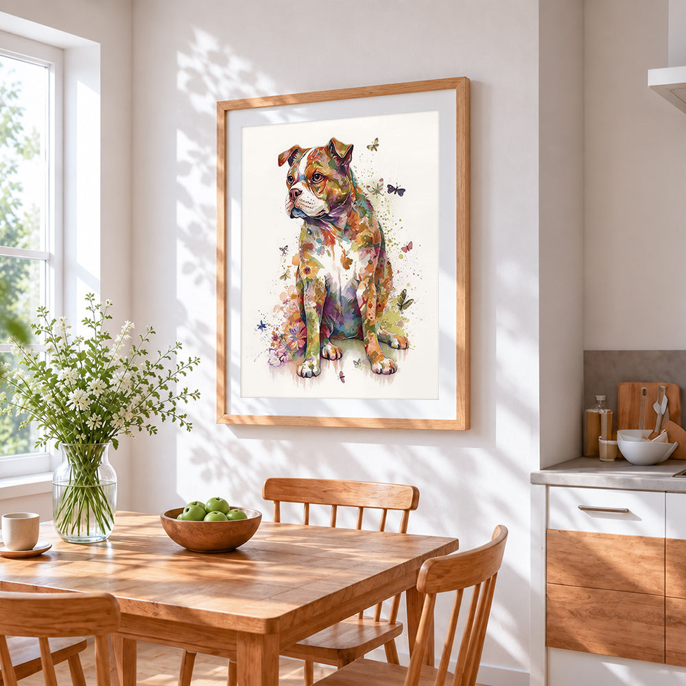 Watercolour floral bulldog and butterflies paint by numbers artwork displayed on wall as home decor