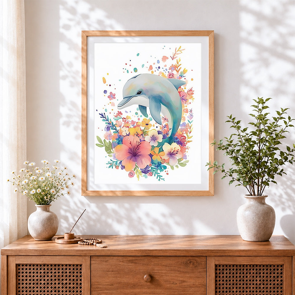 Finished watercolour floral dolphin paint by numbers artwork displayed as home decor