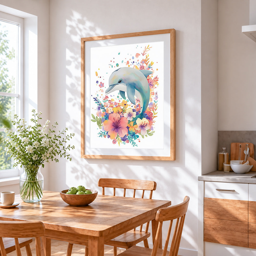 Watercolour floral dolphin paint by numbers artwork displayed on wall as home decor