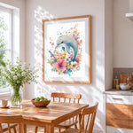 Watercolour floral dolphin paint by numbers artwork displayed on wall as home decor