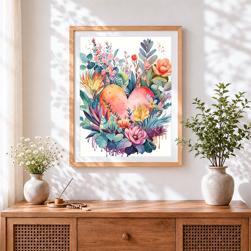 Finished watercolour floral heart cross stitch artwork displayed