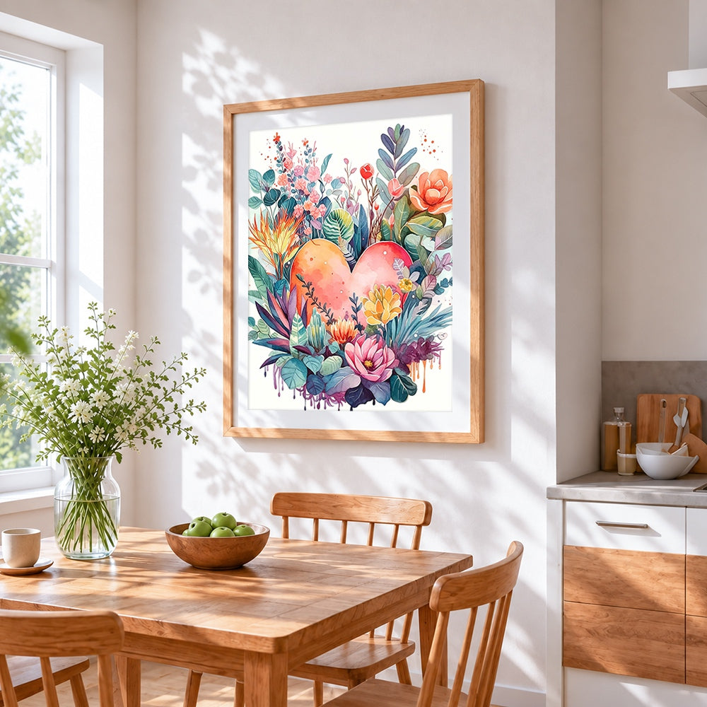 Watercolour floral heart cross stitch artwork displayed on wall as home decor