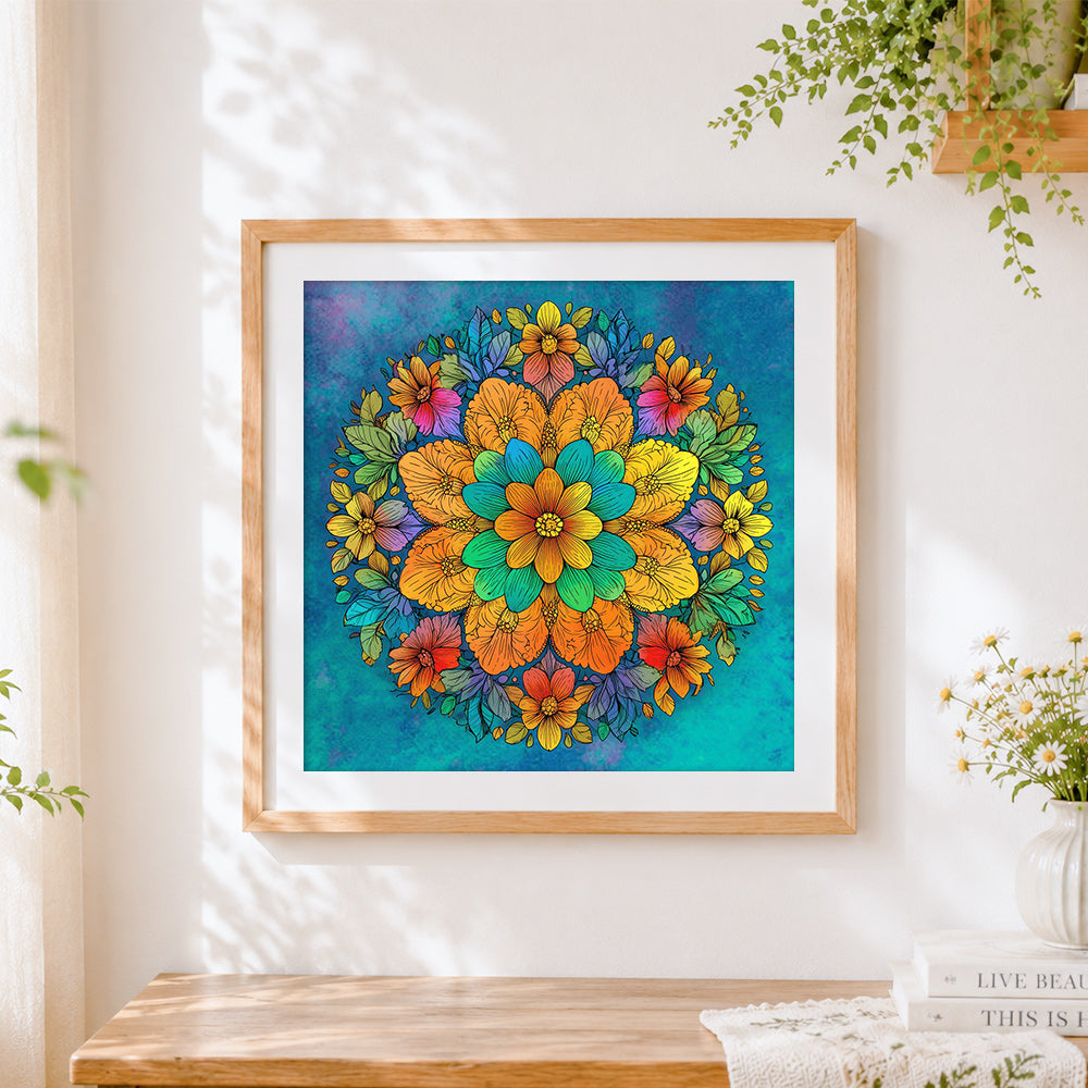 Finished watercolour floral mandala cross stitch artwork displayed