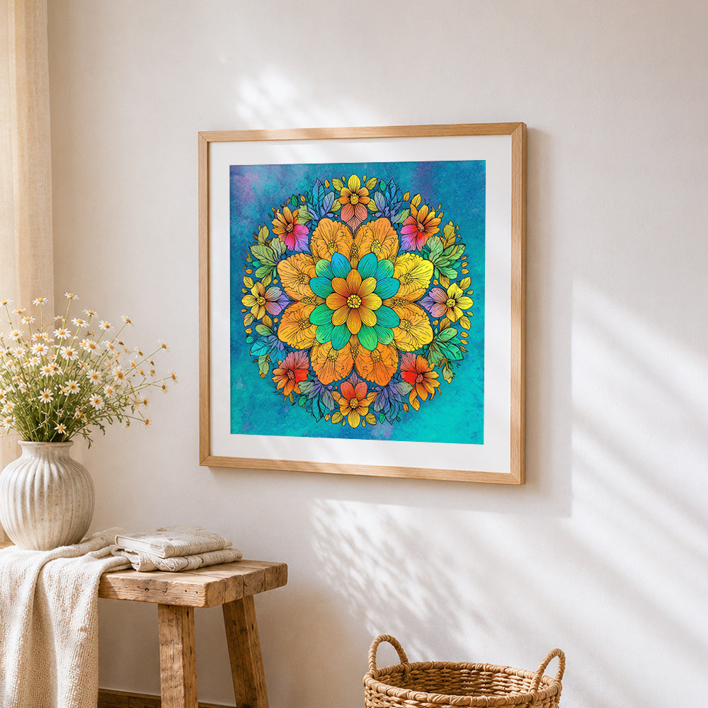 Watercolour floral mandala cross stitch artwork displayed on wall as home decor