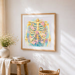 Watercolour floral ribcage cross stitch artwork displayed on wall as home decor
