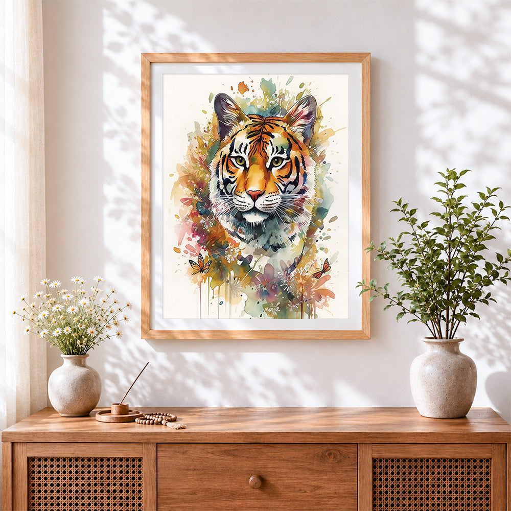Finished watercolour floral tiger cross stitch artwork displayed