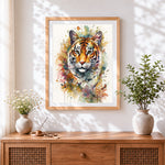 Finished watercolour floral tiger cross stitch artwork displayed