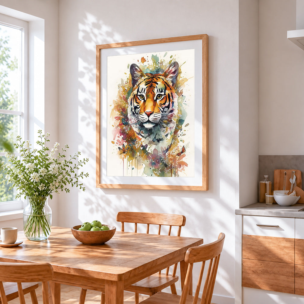 Watercolour floral tiger cross stitch artwork displayed on wall as home decor